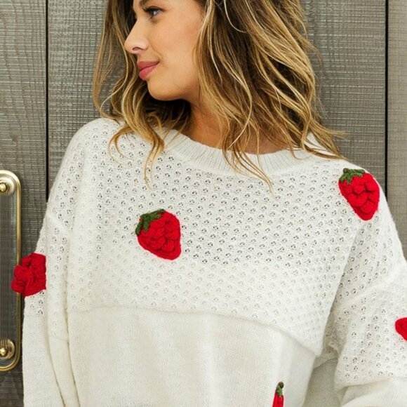 Shop_Fig Sweaters - New Farmers Market Strawberry Embroidered  Crochet White Knit Sweater Top